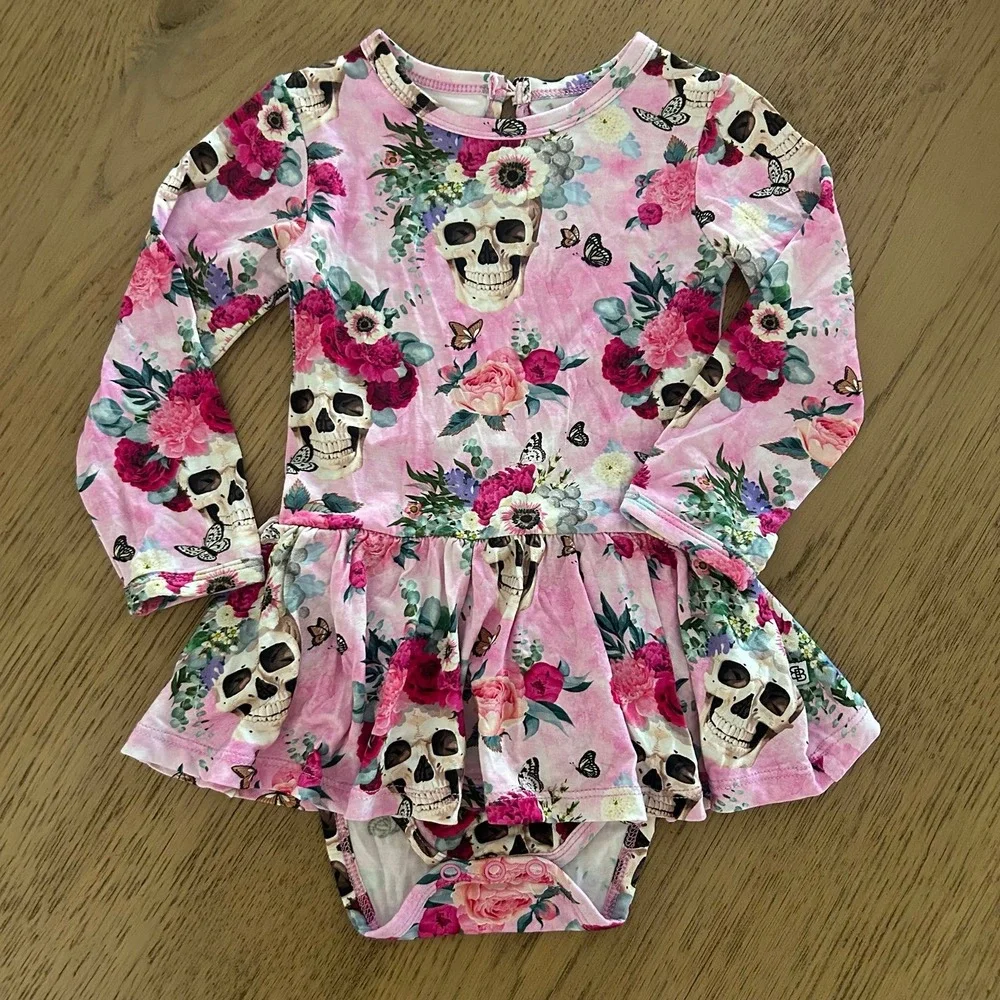 Little Bum Bums Bamboo Baby Bodysuit Twirl Dress 18-24 Months Pink Skull